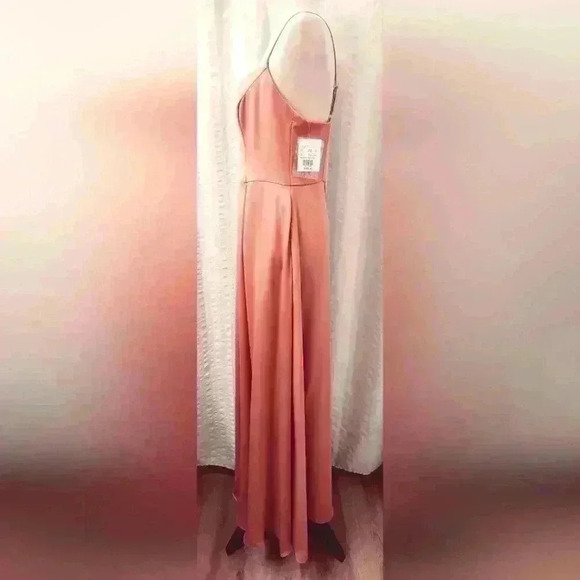 David's Bridal  Long Satin Spaghetti Strap Dress Coral Peach Size 10(D5.22.10) - Picture 6 of 8